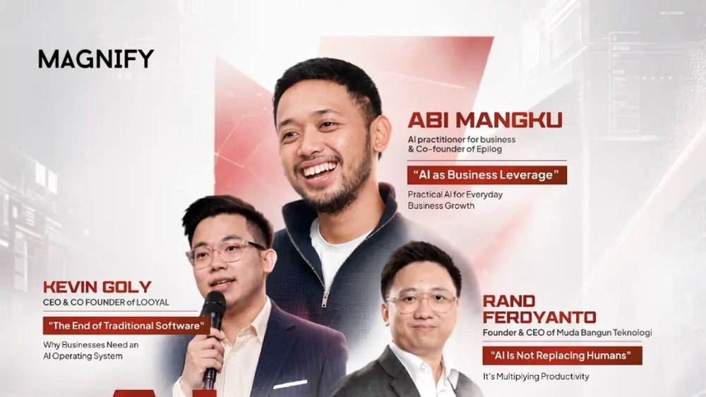 Magnify event speaker panel naming Abi Mangku on AI as Business Leverage, alongside Kevin Goly and Rand Ferdyanto